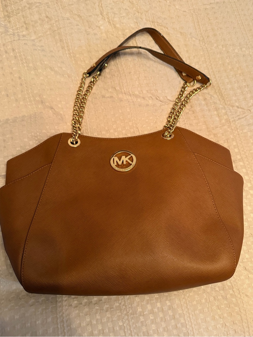 Michael Kors Cognac Saffiano Leather Tote with Gold Chain Straps